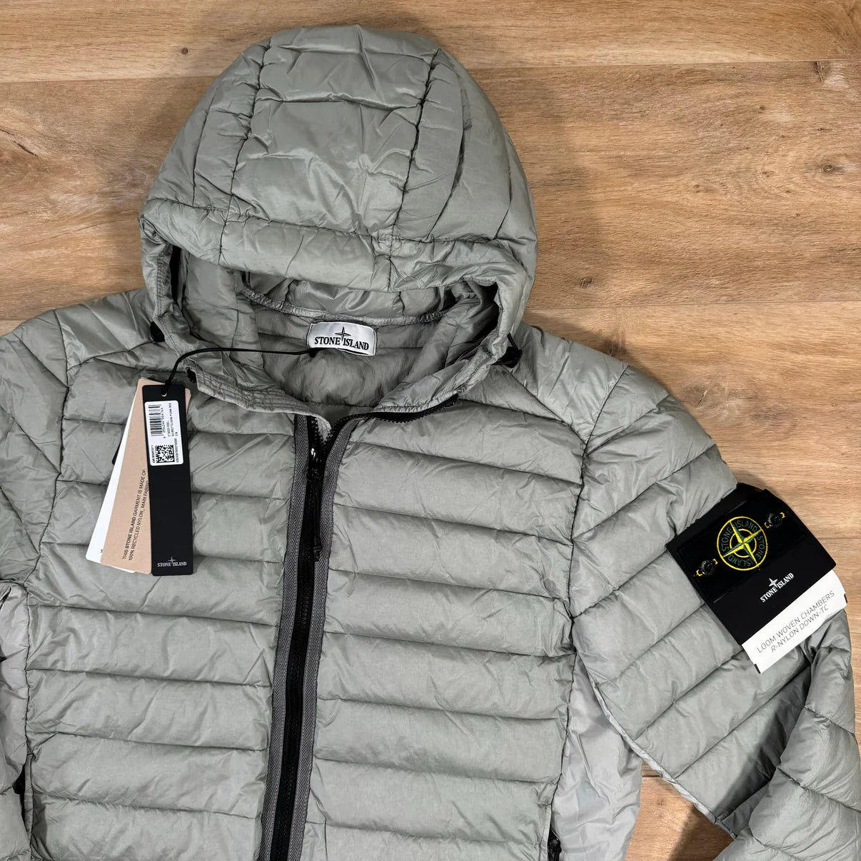 Stone Island Loom Woven Chambers Nylon Down-TC Hooded Jacket in Grey