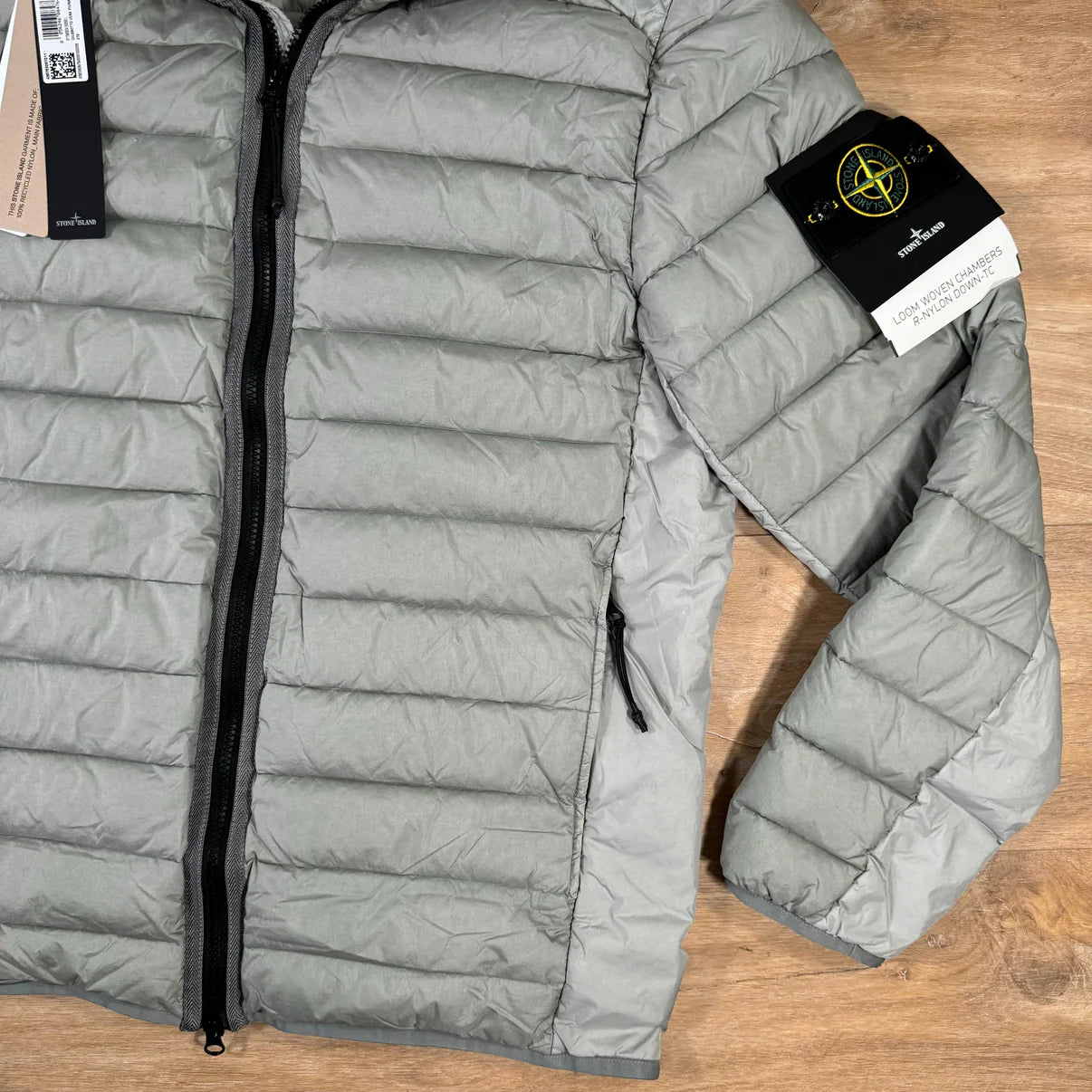 Stone Island Loom Woven Chambers Nylon Down-TC Hooded Jacket in Grey