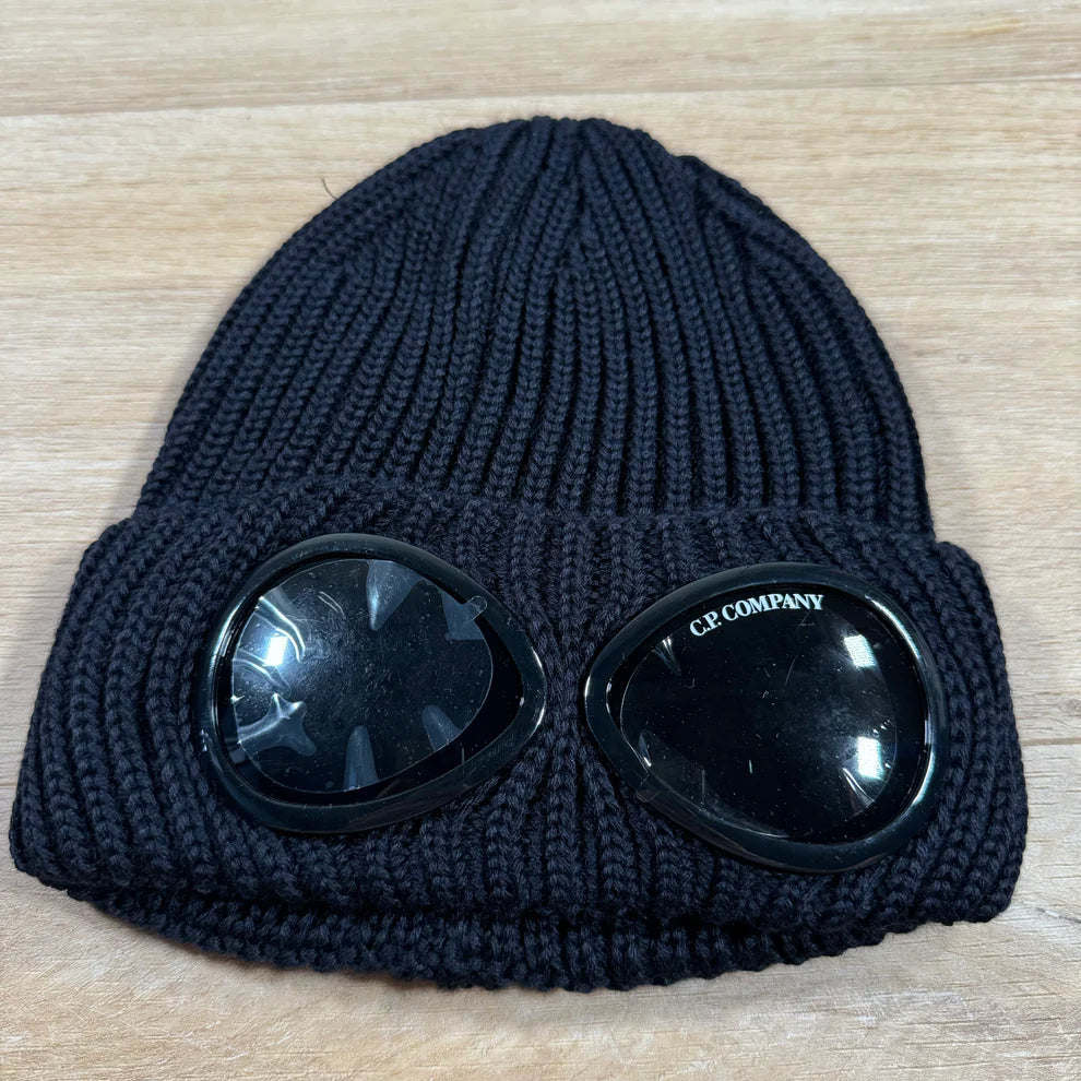 C.P. Company Extra Fine Merino Wool Goggle Beanie in Navy