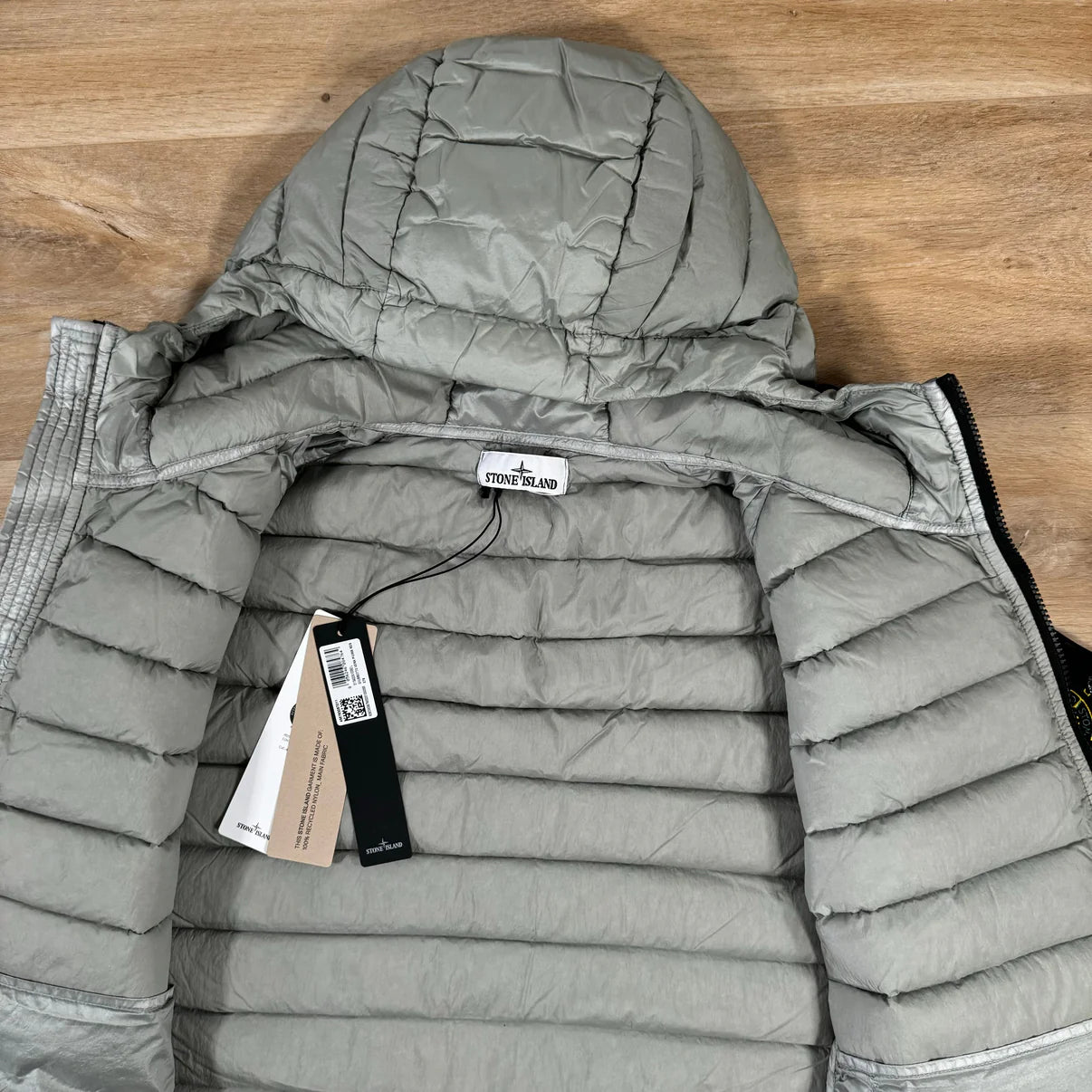 Stone Island Loom Woven Chambers Nylon Down-TC Hooded Jacket in Grey